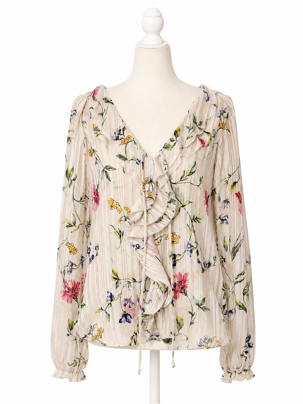 White House Black Market Floral Ruffle Blouse Womens Medium Sheer Chiffon